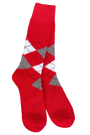 A pair of red crew socks with an argyle pattern in white and gray, displayed against a solid white background.