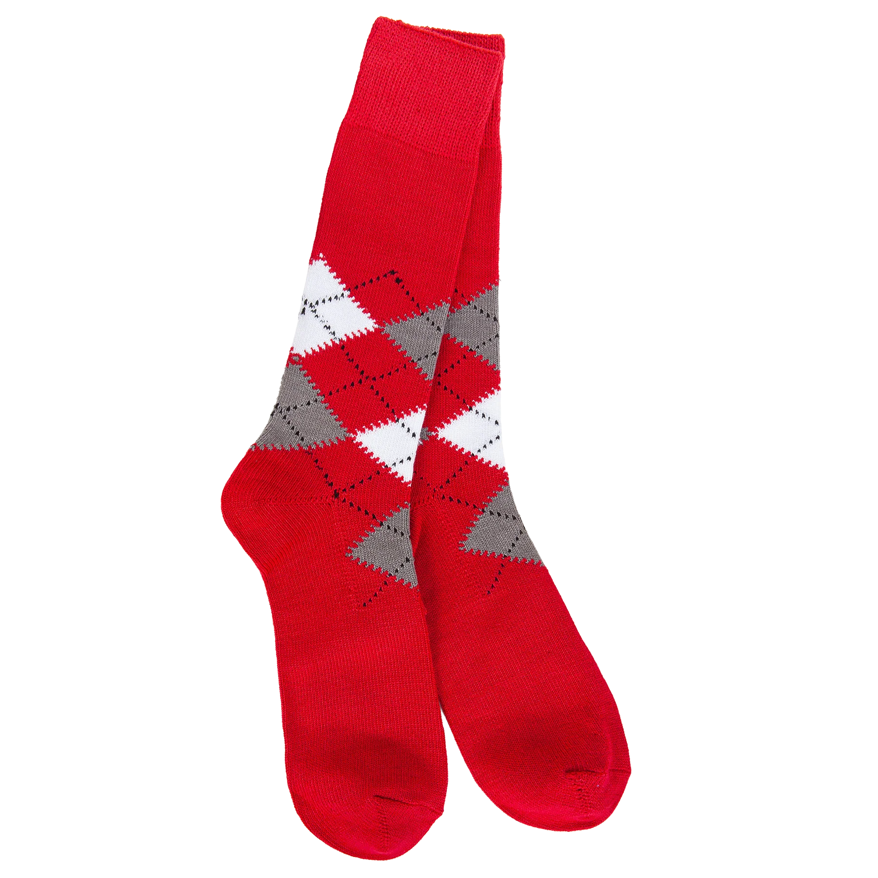 A pair of red crew socks with an argyle pattern in white and gray, displayed against a solid white background.