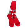 A pair of red crew socks with an argyle pattern in white and gray, displayed against a solid white background.