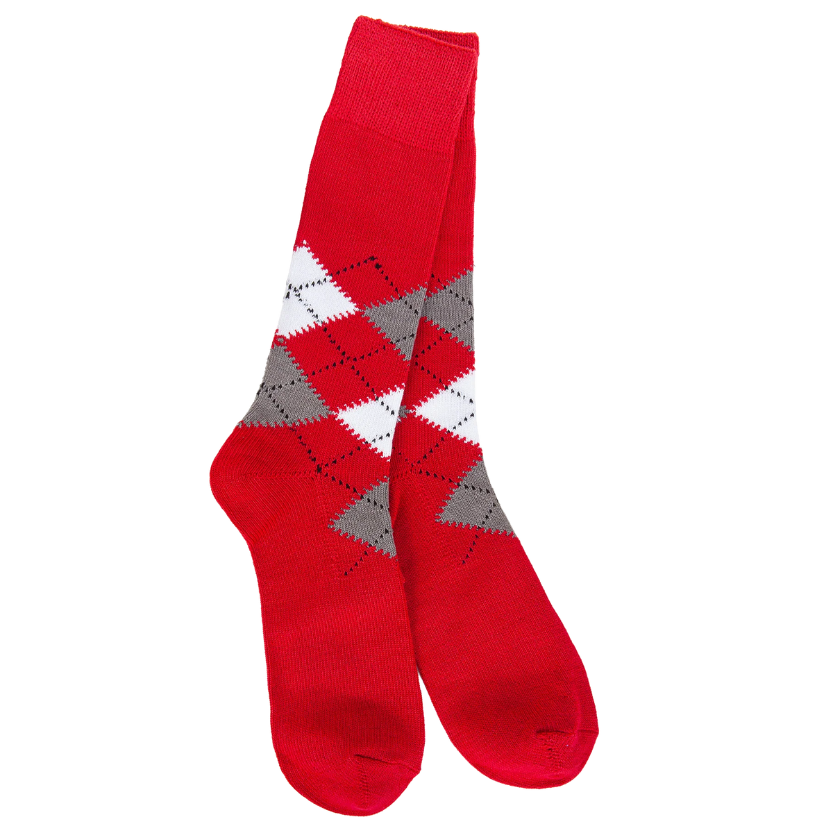 A pair of red crew socks with an argyle pattern in white and gray, displayed against a solid white background.