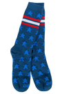 Blue star-patterned sock with red and white stripes on a white background