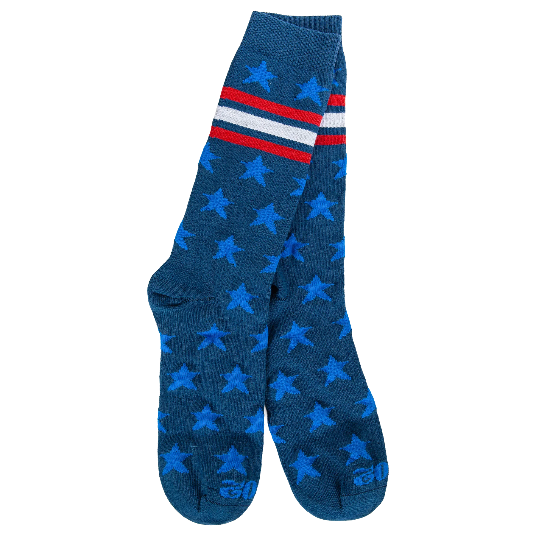 Blue star-patterned sock with red and white stripes on a white background