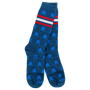 Blue star-patterned sock with red and white stripes on a white background