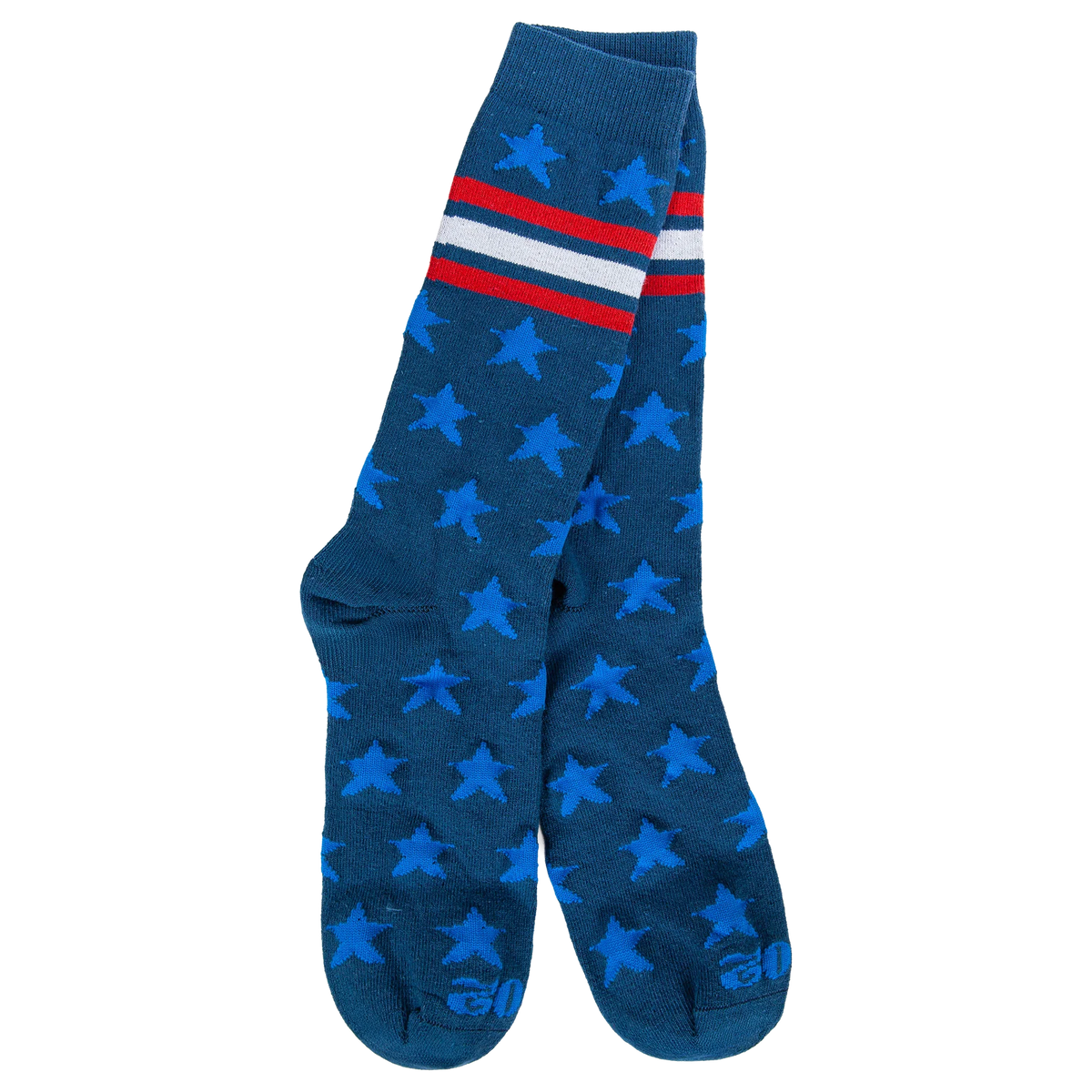 Blue star-patterned sock with red and white stripes on a white background
