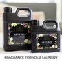 Two bottles of laundry detergent with floral design labels on a white background