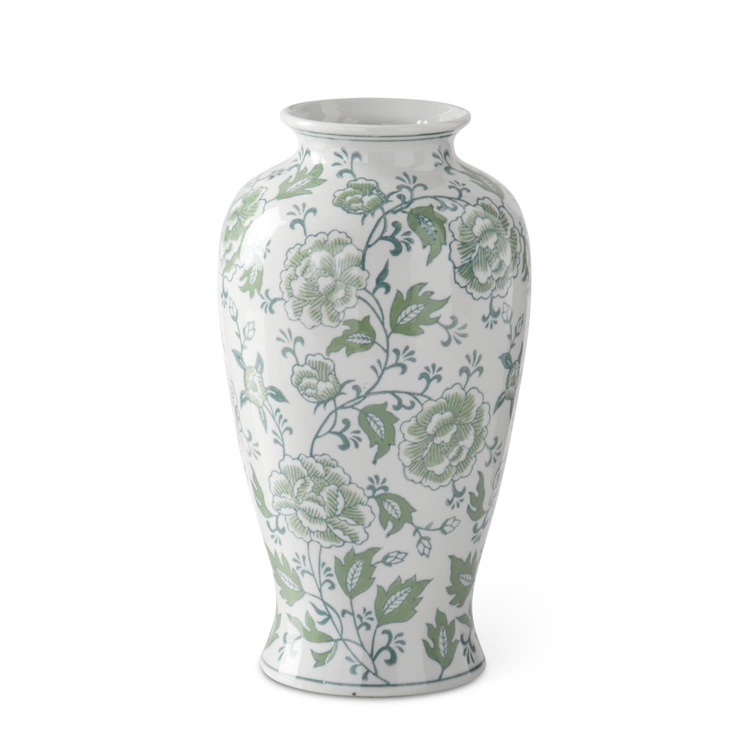 White vase with green floral patterns on a white background