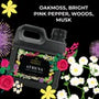 Product packaging with floral elements and text on a white background