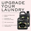 Two laundry detergent bottles with text overlay on a white background