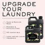 Two laundry detergent bottles with text overlay on a white background