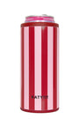 Pink and wine vertical striped can cooler with screw lid and KATYDID logo