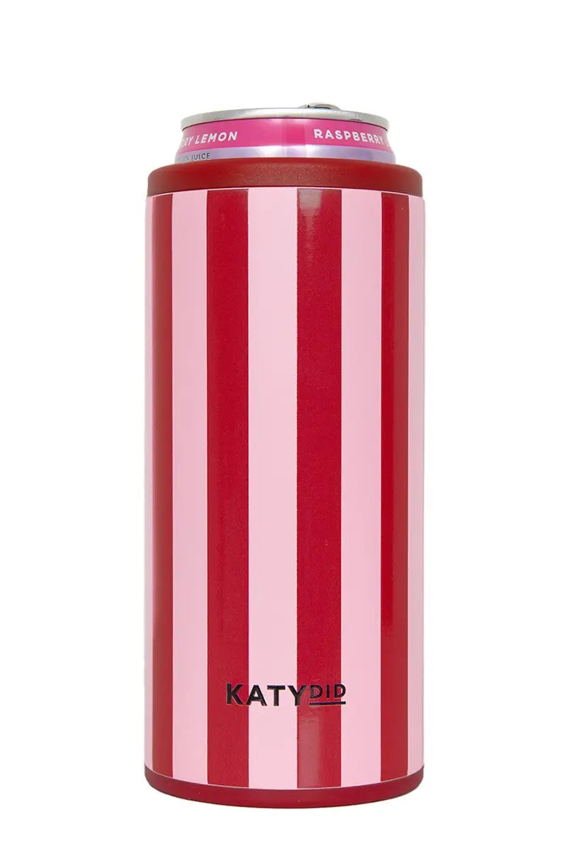 Pink and wine vertical striped can cooler with screw lid and KATYDID logo