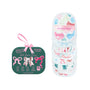 Pastel round makeup erasers in a green pouch tied with a pink bow, stacked