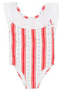 Red, white, and blue striped swimsuit with ruffled neckline on a white background