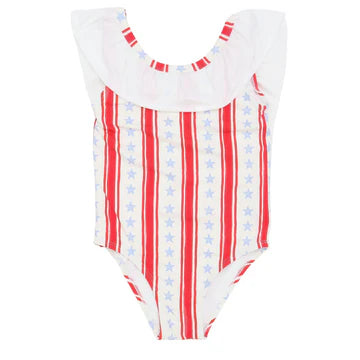 Red, white, and blue striped swimsuit with ruffled neckline on a white background
