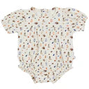 A short-sleeve baby bodysuit with an all-over small floral print on a white background, shown flat against a white backdrop.