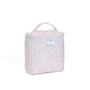 Pink floral patterned lunch box on a white background