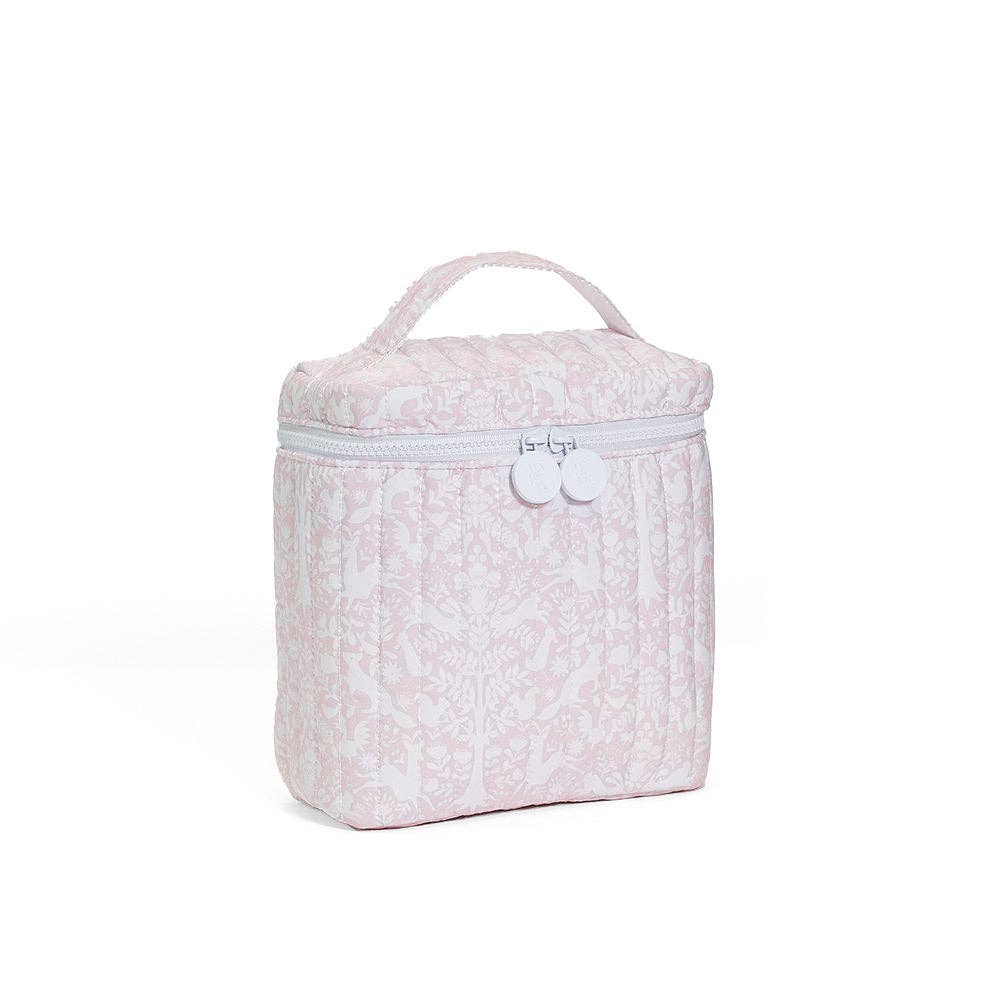Pink floral patterned lunch box on a white background