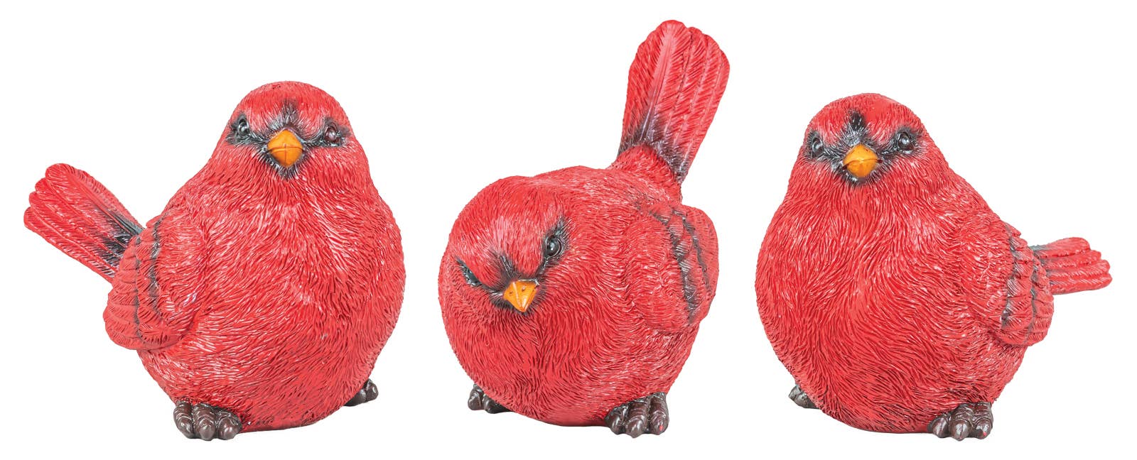 Three red bird figurines on a white background