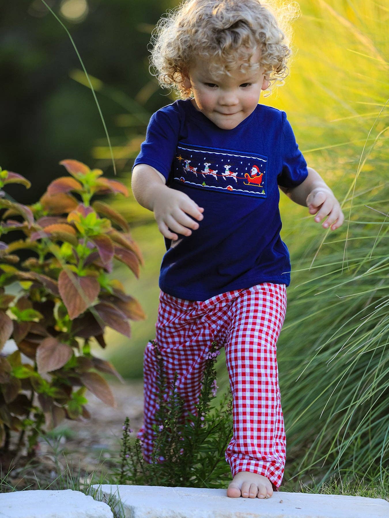 Rylee Faith Designs - Christmas Holiday Celebration Boys Set: Navy with Santa Sleigh