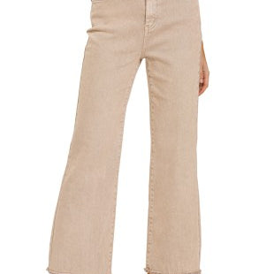 Beige wide-leg jeans on a white background