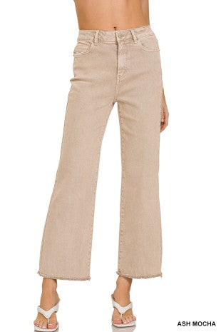 Beige wide-leg jeans on a white background