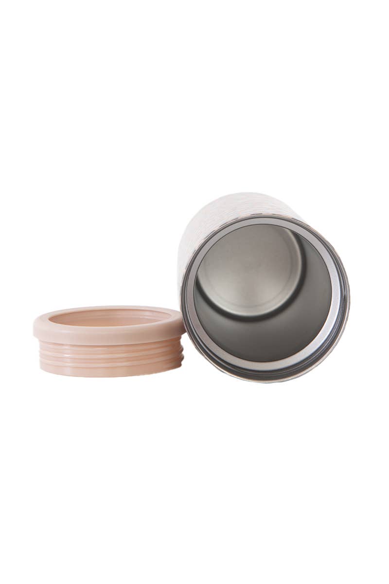 Open can sleeve ends with gray interior lining and tan outer fabric