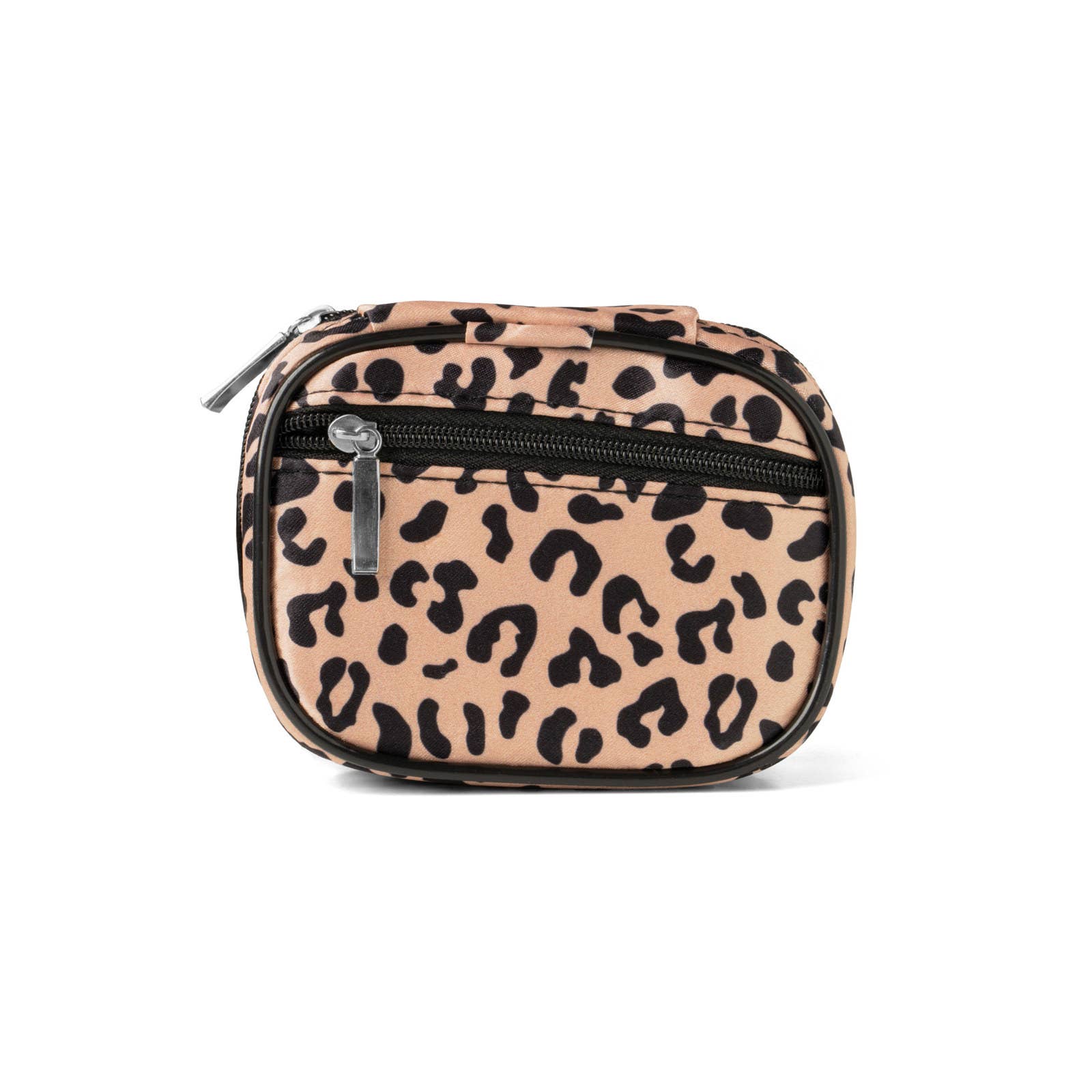 Leopard print pouch with a zipper on a white background