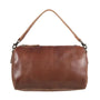 Brown leather handbag with a strap on a white background