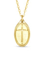 Gold necklace with a cross pendant on a white background