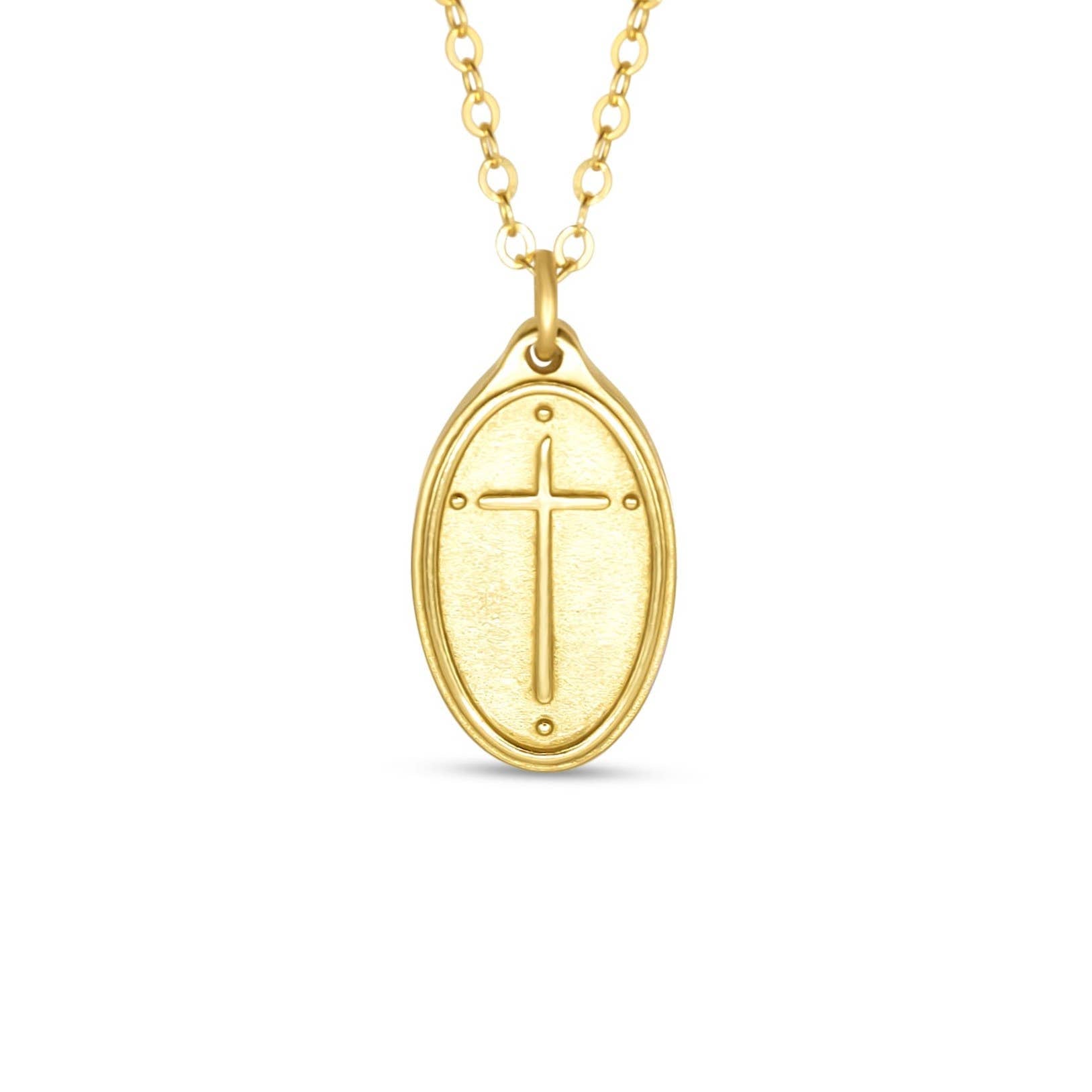Gold necklace with a cross pendant on a white background