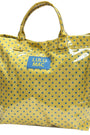 Yellow polka dot tote bag with a blue Lulu Mac label on a white background
