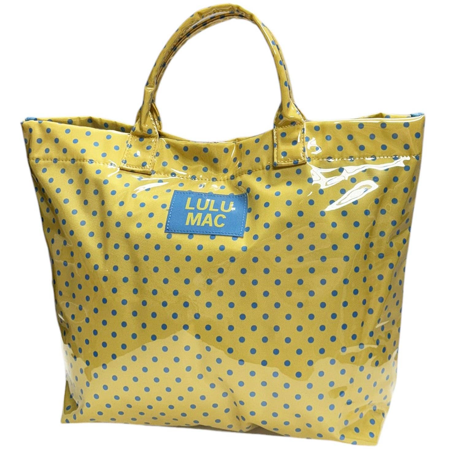 Yellow polka dot tote bag with a blue Lulu Mac label on a white background