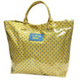 Yellow polka dot tote bag with a blue Lulu Mac label on a white background