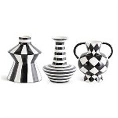 Three black and white checkered vases on a white background