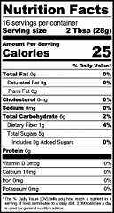Nutrition facts label for a product with 45 calories per serving, 12g of carbohydrates, and 10mg of potassium.