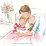 Illustration of a mother holding a baby with a toddler, surrounded by flowers and a teddy bear.