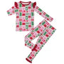 A two-piece children's pajama set featuring a festive holiday pattern of red, green, and white checkered squares on a white background, with solid red cuffs and collar trim.