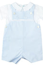 Light blue romper with white collar and buttons on a white background