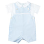 Light blue romper with white collar and buttons on a white background