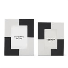 Two black and white geometric patterned boxes on a white background