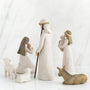 Nativity scene figurines with Mary, Joseph, and baby Jesus on a white background