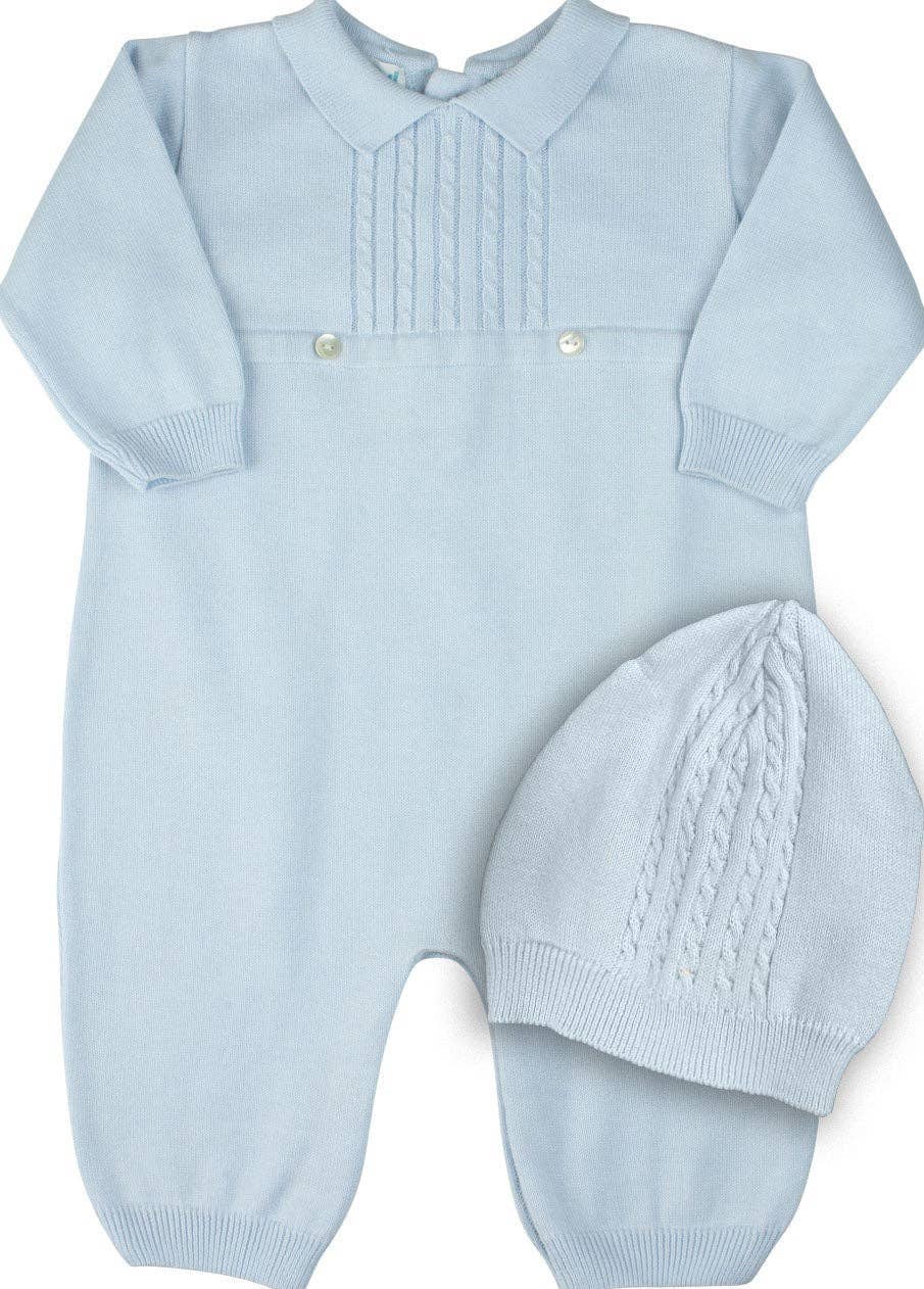 Light blue knitted baby romper with matching hat on a white background