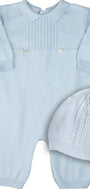 Light blue knitted baby romper with matching hat on a white background
