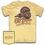 Beige t-shirt with graphic design of a bear and text on a matching pouch.