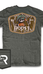 A dark gray crewneck t-shirt featuring a large back graphic of a mallard duck inside a camouflage-style shield with the text 'ROOST WATERFOWL' and 'EST. 2022'.