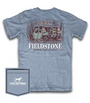 Blue t-shirt with Fieldstone Sporting Lifestyle Brand graphic on a white background