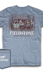 Blue t-shirt with Fieldstone Sporting Lifestyle Brand graphic on a white background