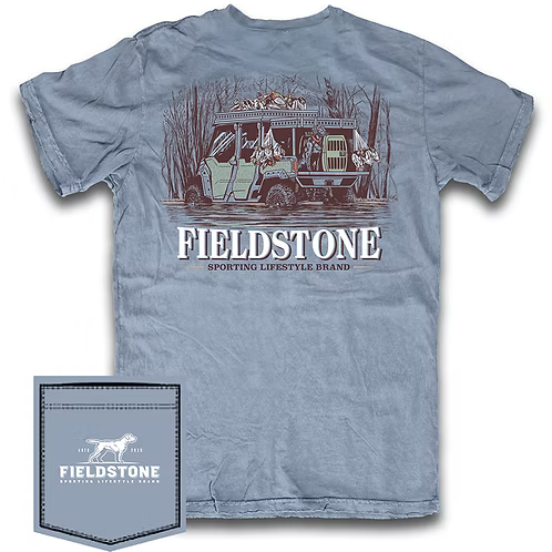 Blue t-shirt with Fieldstone Sporting Lifestyle Brand graphic on a white background