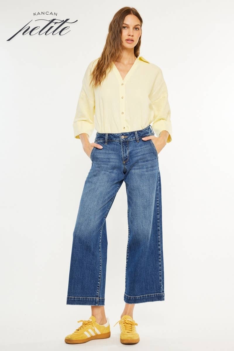 Kan Can USA - PETITE OPEN PACK MID RISE TROUSER WIDE LEG JEANS-KC70098M-PT