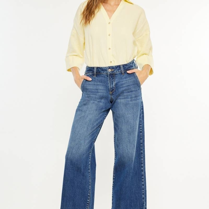 Kan Can USA - PETITE OPEN PACK MID RISE TROUSER WIDE LEG JEANS-KC70098M-PT